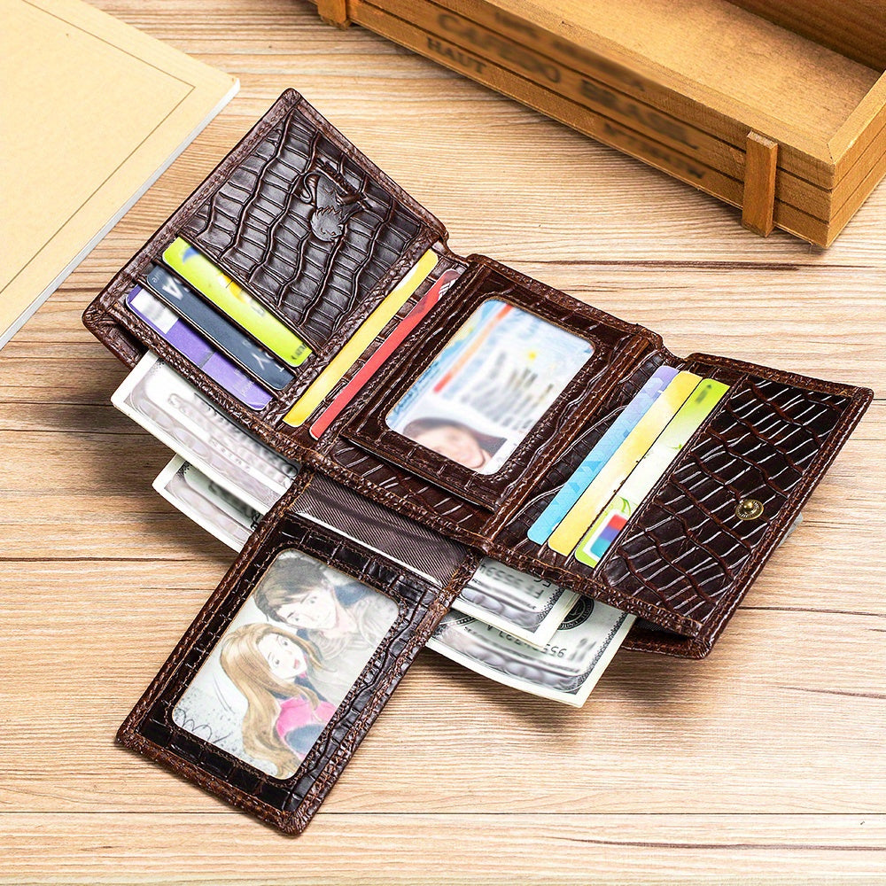 Men’s Crocodile Pattern Leather Wallet – RFID Trifold Vintage Wallet