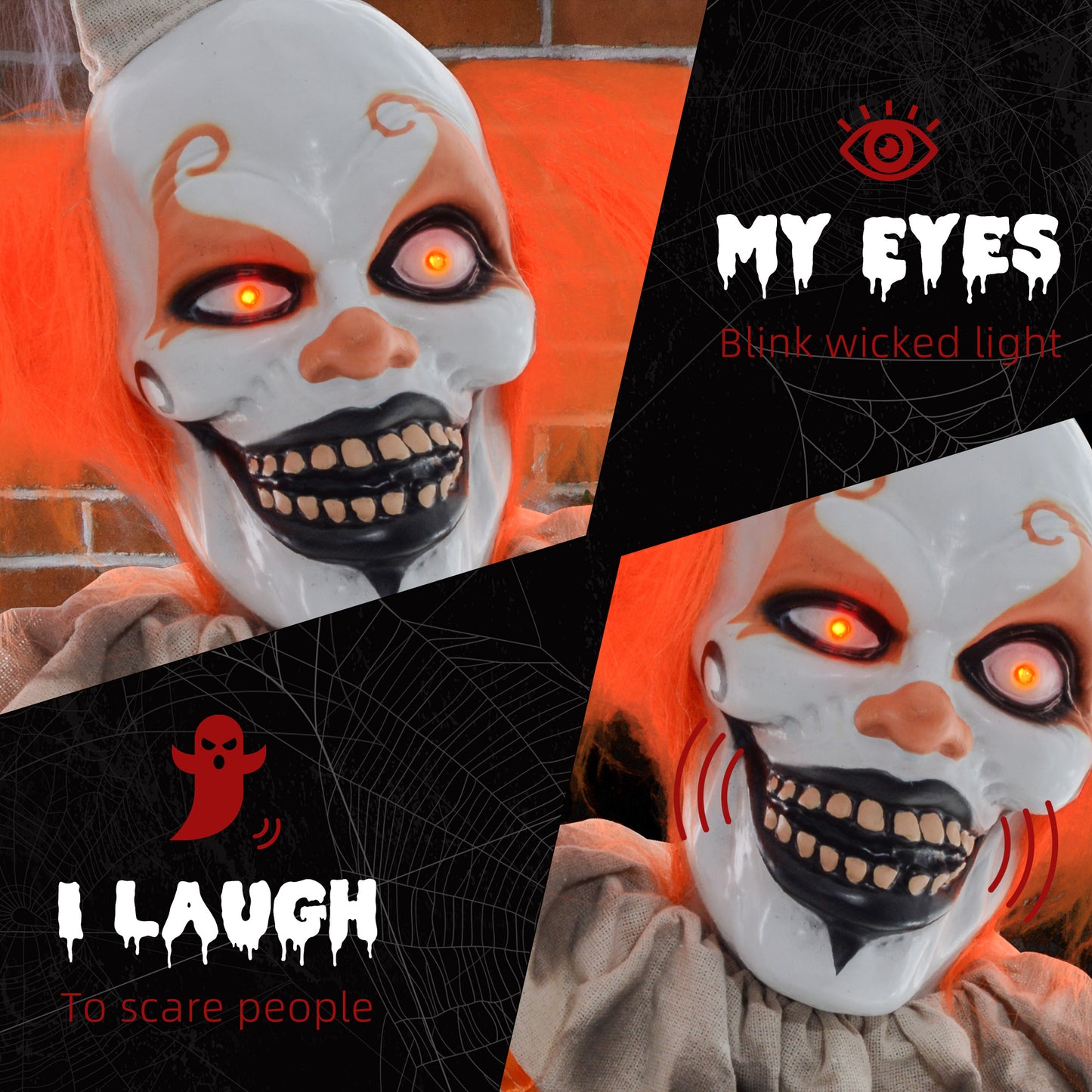 HOMCOM 6' Life Size Outdoor Halloween Decoration, Animatronic Orange Haired Classic Clown, Sound and Motion Activated Animated Prop w/ Light Up Eyes, Laughing Sound & Bendable Arms