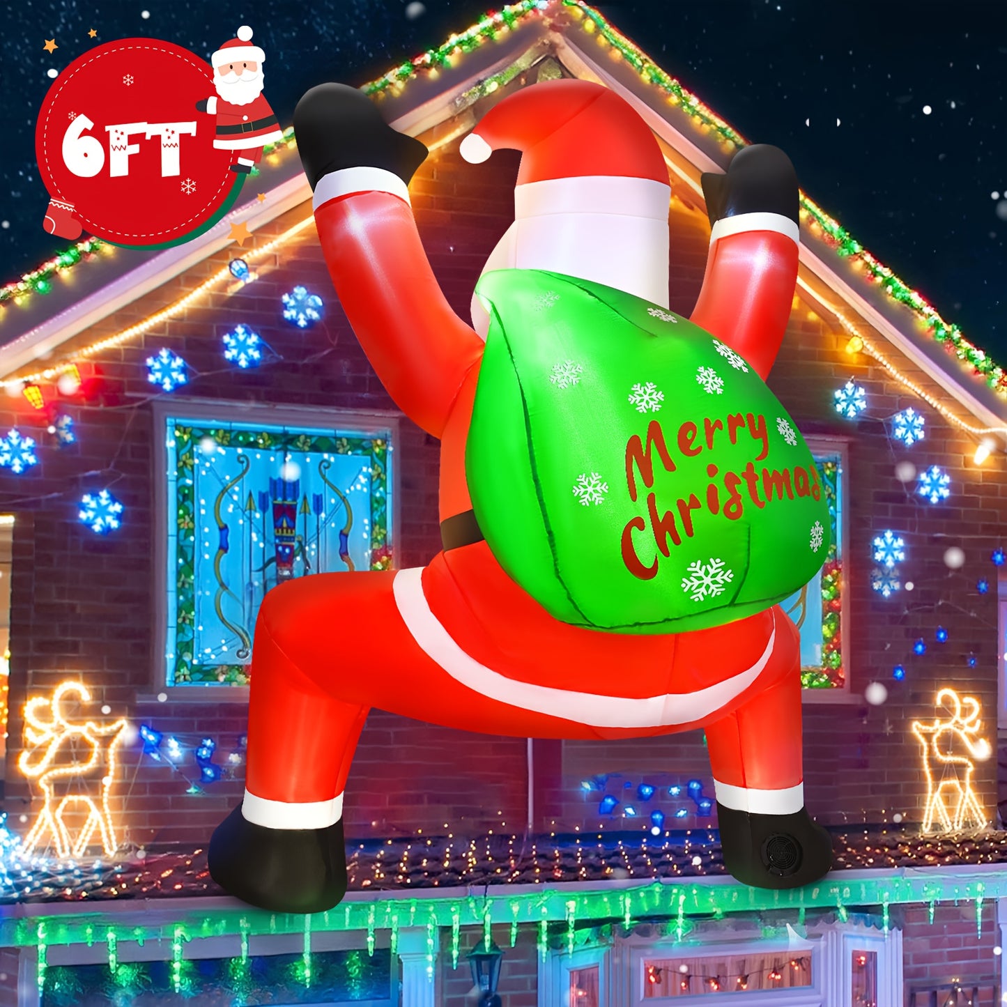 6FT Christmas Inflatable Decorations Hanging Santa Built-in Bright LEDs, Climbing Santa Claus With Gift Bag, Christmas Roof Blow Up Yard Inflatables New Year Vacation Holiday Party Decoration, Decor For Roof Outdoor Indoor Window Wall.