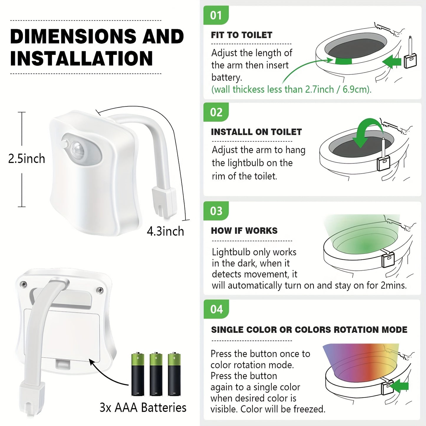 Motion Sensor Toilet Night Light – 32-Color LED Bathroom Light (Battery Powered)