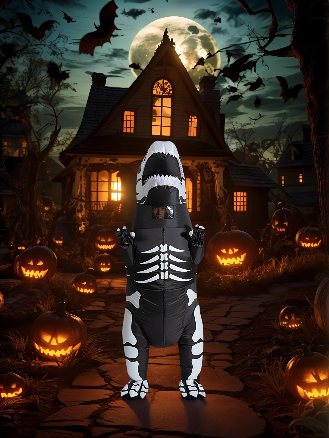 Men's Dinosaur Skeleton Inflatable Costume - Black and White Polyester, Party-Ready with Zip-Up Closure, Cartoon Design for Halloween Fun, Halloween Costume|Sparkly Finish|Polyester Fabric