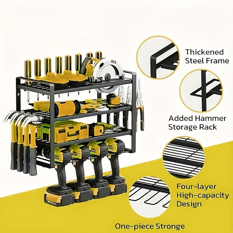 4-Layer Garage Tool Organizer – Wall-Mount Drill Rack with 4 Tool Slots (Metal)