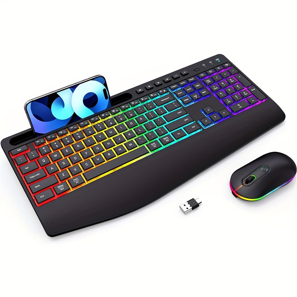 Rechargeable Wireless Keyboard Mouse Combo – RGB Backlit, Silent Ergonomic Design with Device Holder