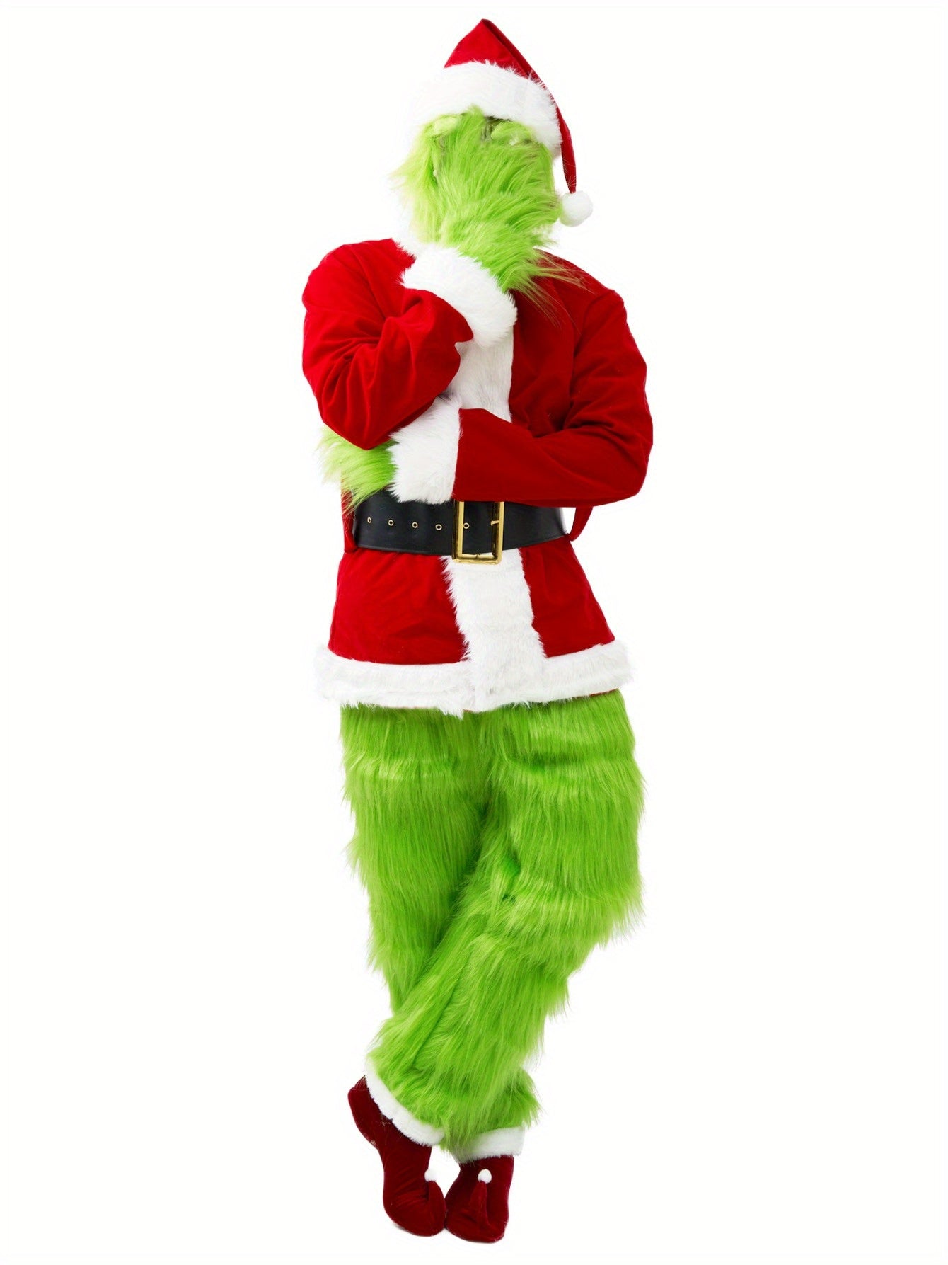 7-Piece Deluxe Green Monster Santa Costume for Men – Furry Halloween Cosplay Outfit Set