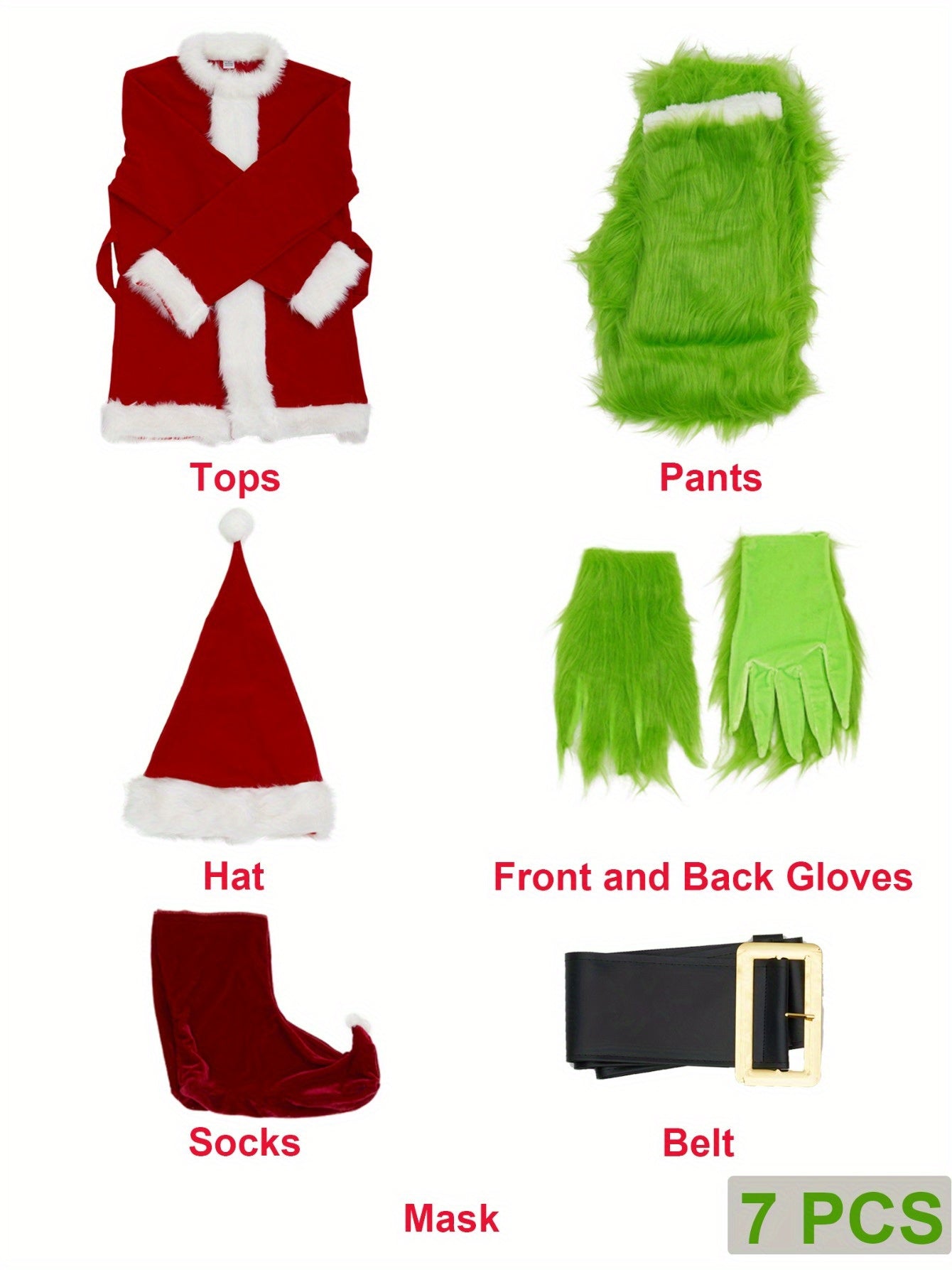 7-Piece Deluxe Green Monster Santa Costume for Men – Furry Halloween Cosplay Outfit Set