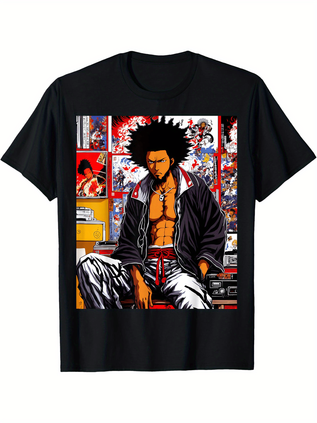 African Samurai Hip-Hop Afro 90s Anime Retro Chill Lofi T-Shirt for Men – Soft & Breathable Cotton, All-Season Casual & Sports Wear, Ideal Halloween & Christmas Gift