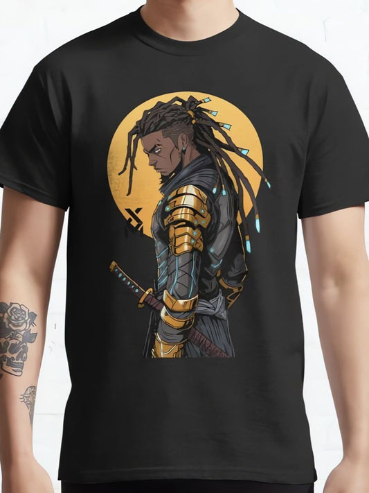 Cyber Samurai Sunset Classic T-Shirt – Casual Unisex Short Sleeve Tee for Youth & Adults, Black Shirt, Perfect Halloween & Christmas Gift