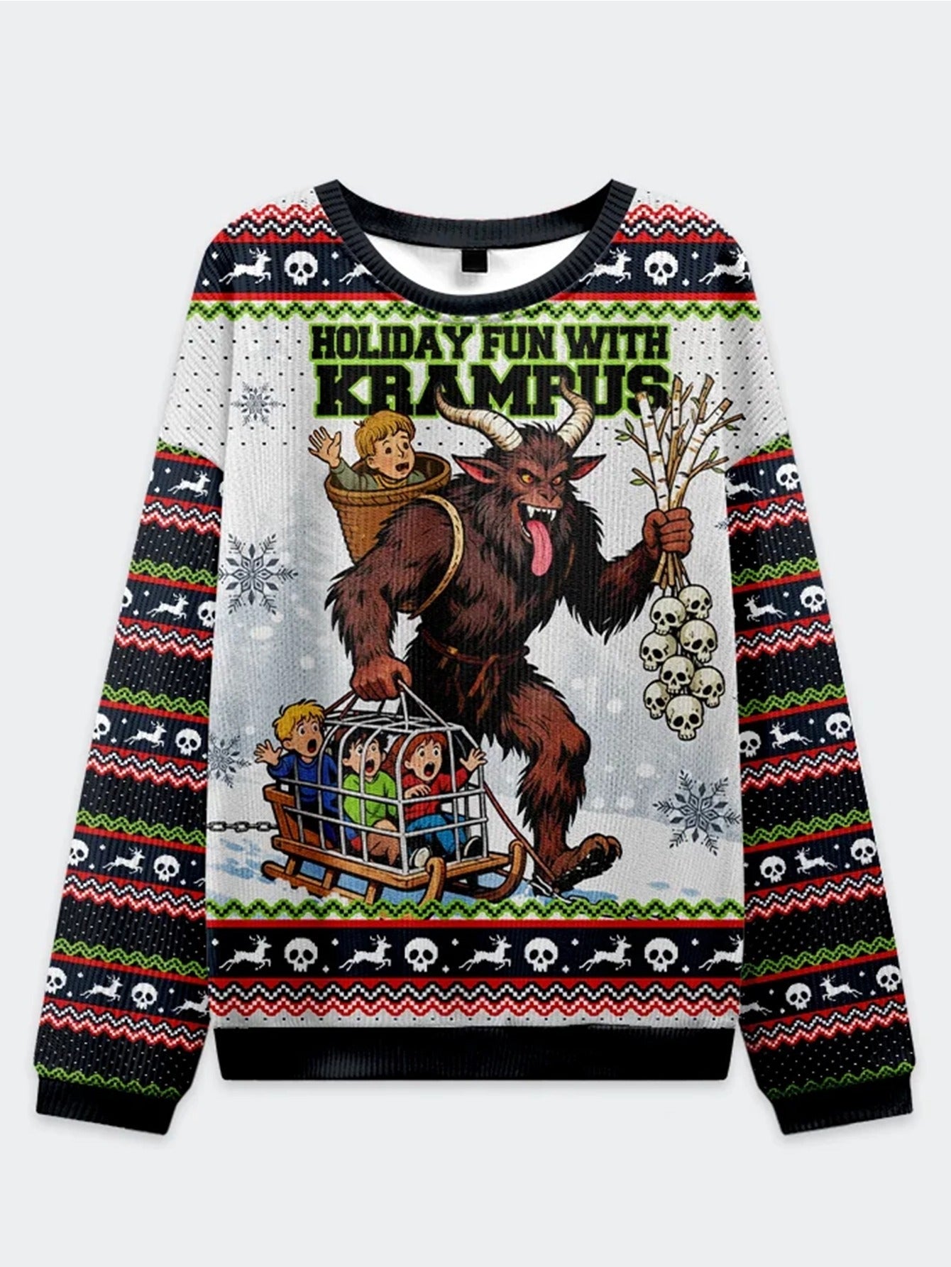 Men'S Christmas Krampus Themed Sweater - Soft Warm Winter Knit Pullover with Krampus & Snowflake Print, Loose Fit Casual Round Neck Sweater for Holiday Parties & Casual Attire, Black White Red Green Color Block (Krampus Design