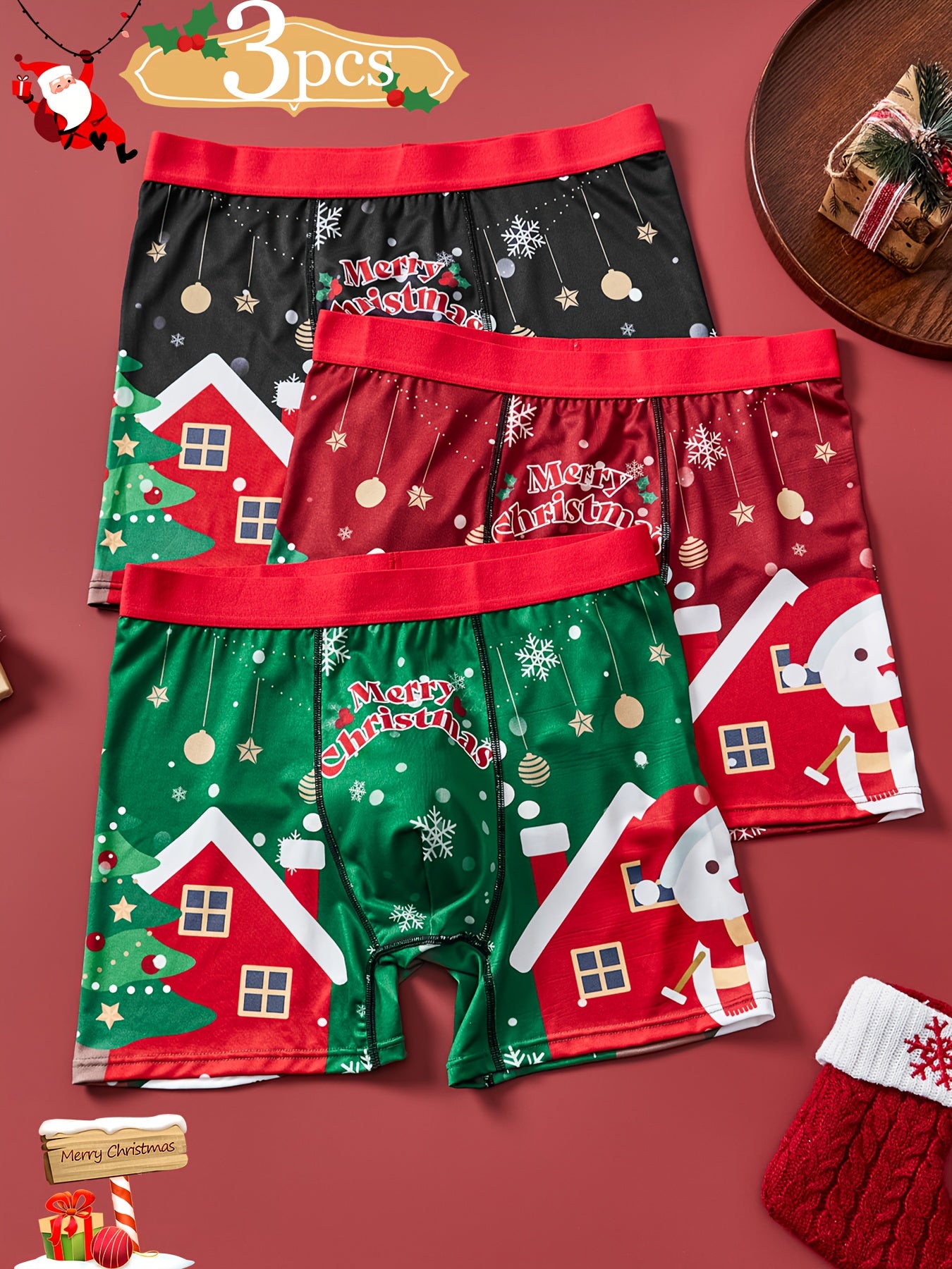 Men's 3-Pack Christmas Boxer Briefs – Festive Snowflake & Snowman Print, Stretchy Comfort Fit