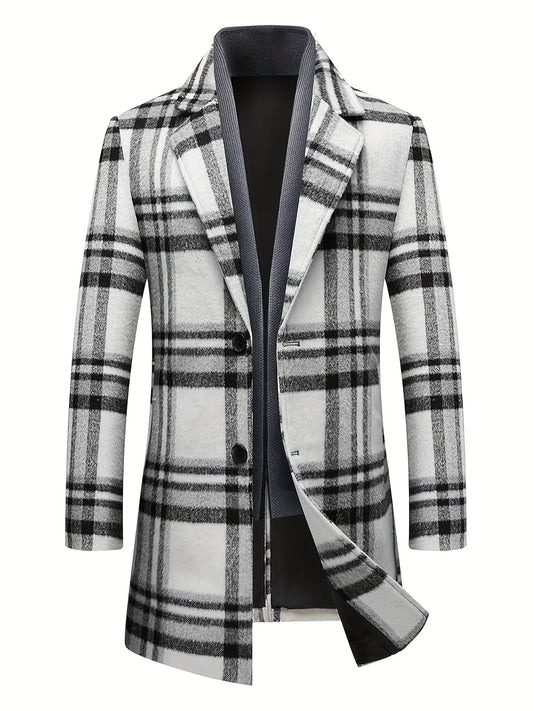 Men's Plaid Wool Blend Overcoat with Scarf – Notched Collar, Mid-Length Trench for Fall & Winter