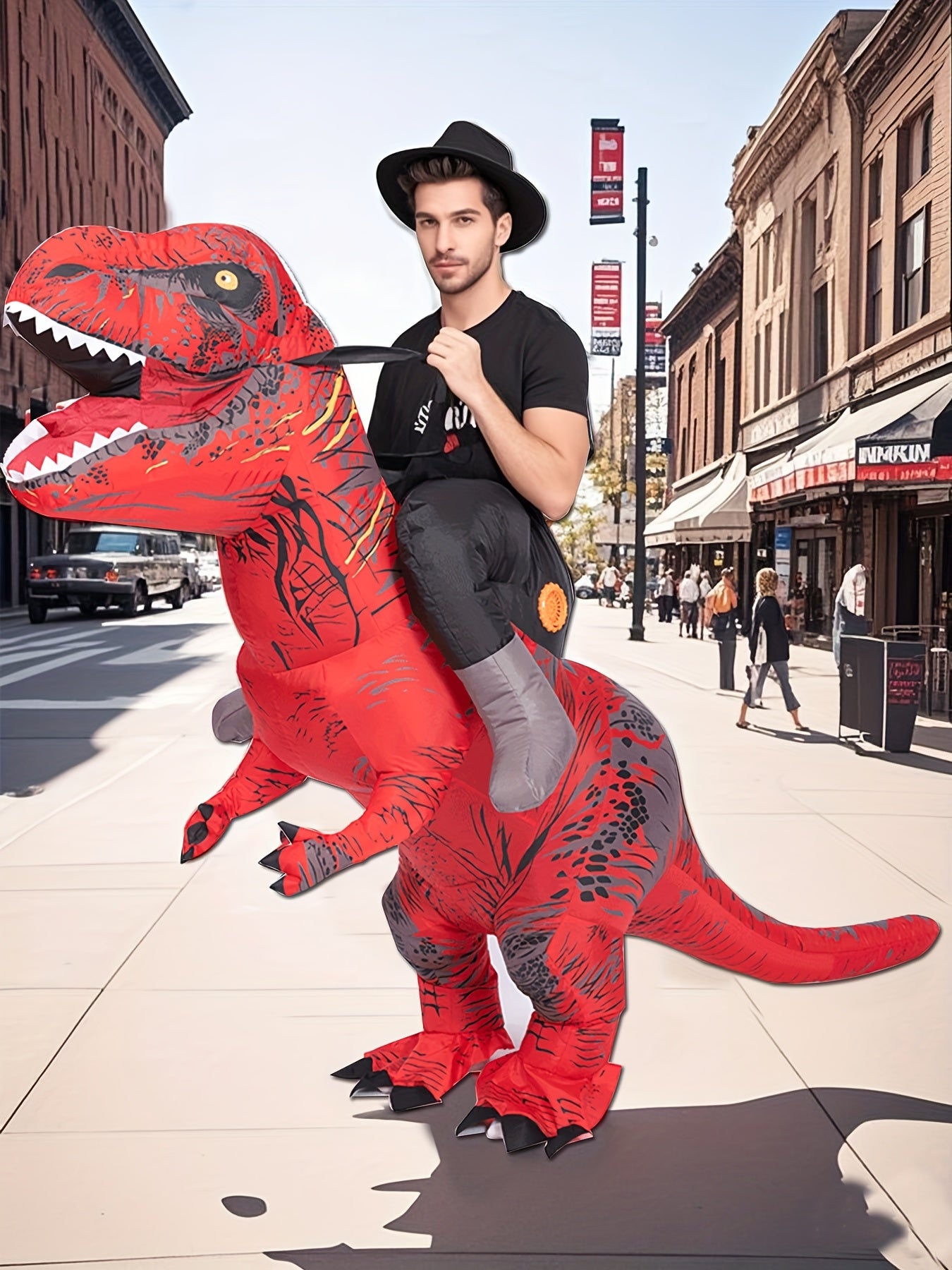 [Inflatable T-Rex Costume] Red & Black Inflatable T-Rex Dinosaur Costume | Perfect for Halloween, Christmas, Themed Parties & Birthdays, Durable Inflatable, Dinosaur Riding Suit with Black Straps