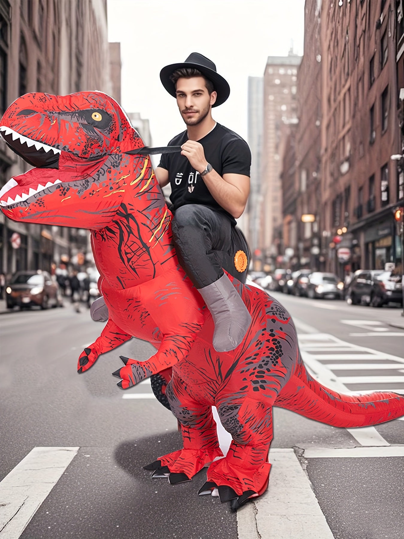 [Inflatable T-Rex Costume] Red & Black Inflatable T-Rex Dinosaur Costume | Perfect for Halloween, Christmas, Themed Parties & Birthdays, Durable Inflatable, Dinosaur Riding Suit with Black Straps
