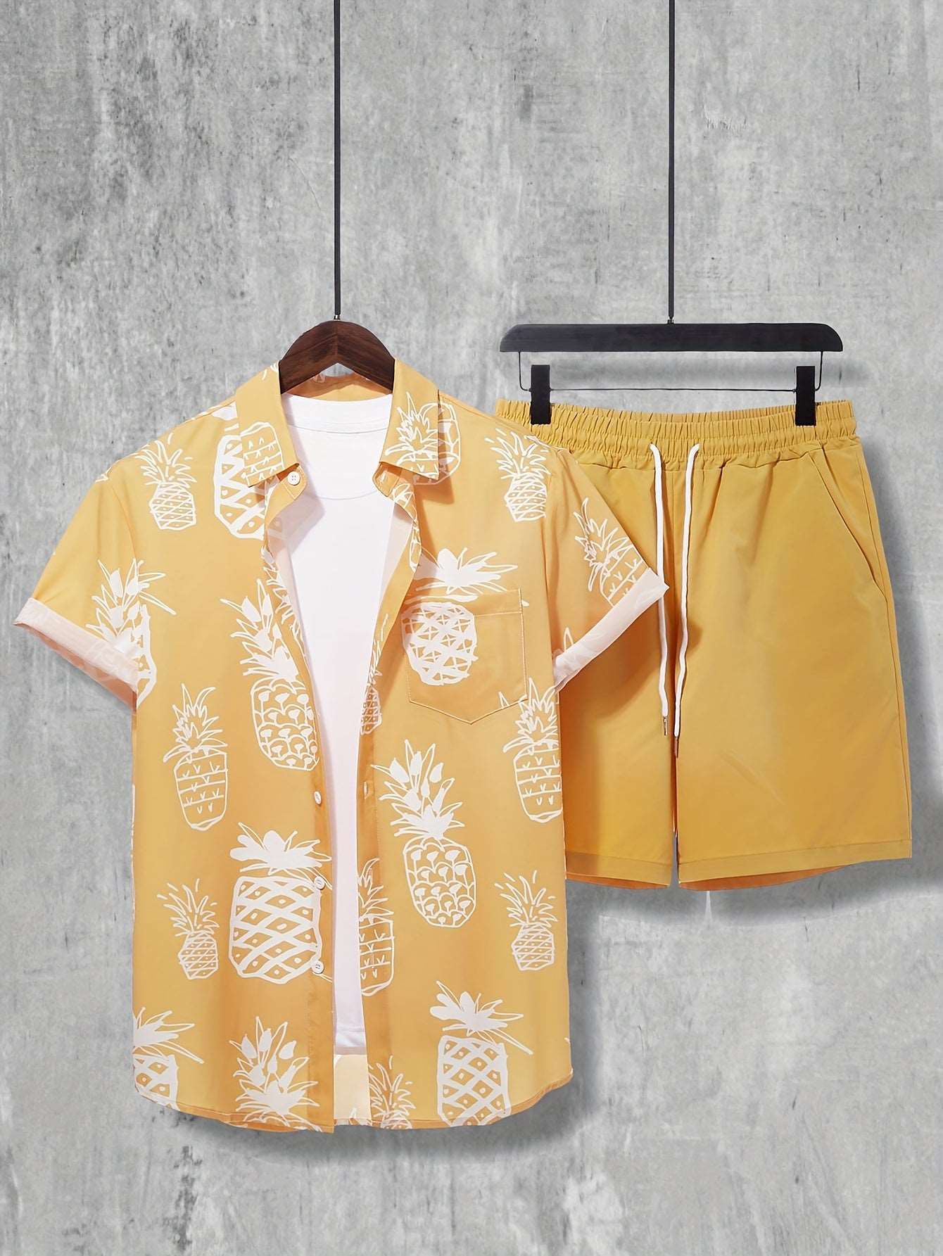 2-piece Men's Hawaii Style Summer Outfit Set, Men's Pineapple Graphic Print Short Sleeve Button Up Lapel Shirt Top & Solid Drawstring Shorts With Pockets