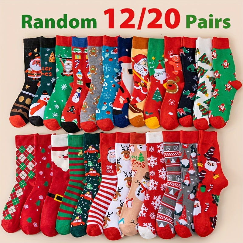 12/20pcs Cozy Holiday Crew Socks – Festive Santa & Gingerbread Designs, Perfect Gift