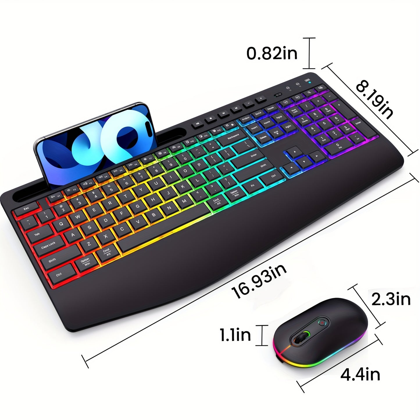 Rechargeable Wireless Keyboard Mouse Combo – RGB Backlit, Silent Ergonomic Design with Device Holder