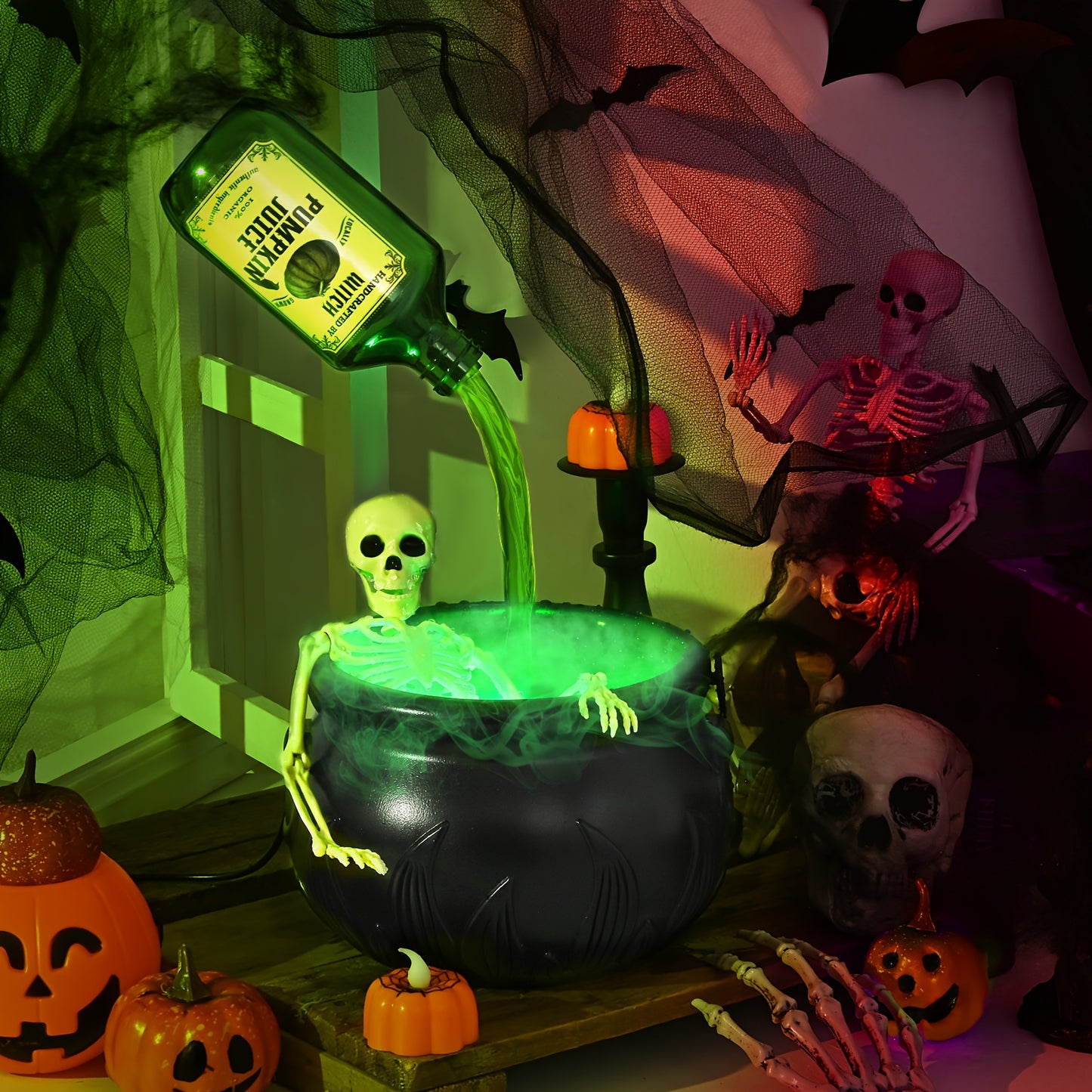 Halloween Centerpiece Witches Cauldron with Magic Floating Potion & Fog Maker Diffuser - USB-Powered Table Decor with Half-Skeleton Figure, Black Plastic Indoor Party Decoration Set for Mantel, Tabletop, Haunted House, Event Planners, Home Decorators