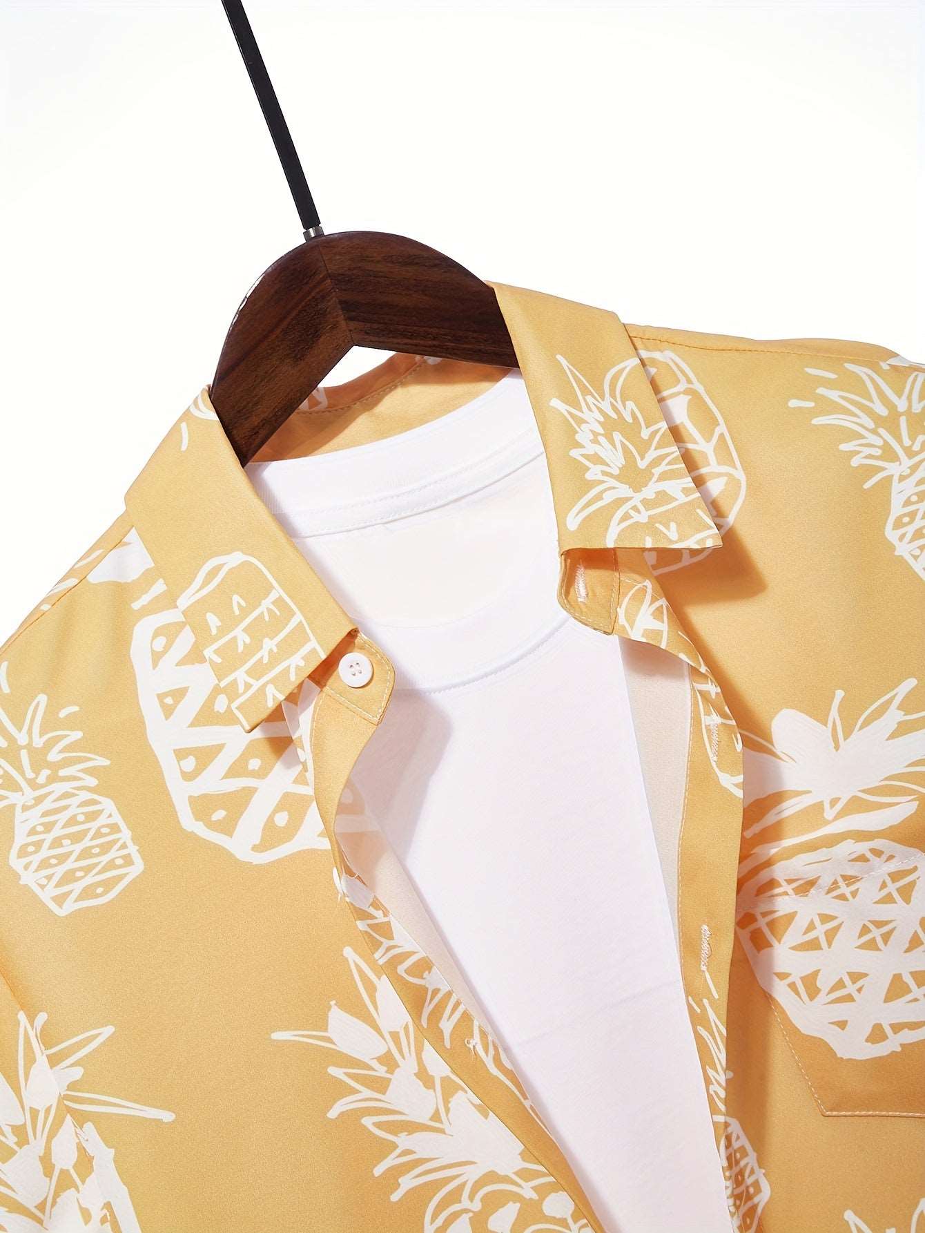 2-piece Men's Hawaii Style Summer Outfit Set, Men's Pineapple Graphic Print Short Sleeve Button Up Lapel Shirt Top & Solid Drawstring Shorts With Pockets