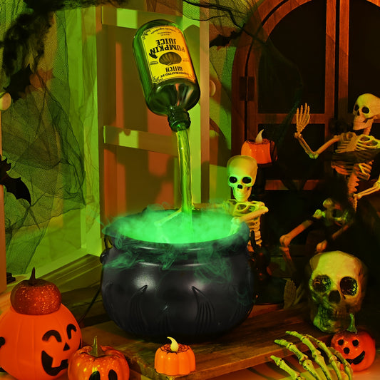 Halloween Centerpiece Witches Cauldron with Magic Floating Potion & Fog Maker Diffuser - USB-Powered Table Decor with Half-Skeleton Figure, Black Plastic Indoor Party Decoration Set for Mantel, Tabletop, Haunted House, Event Planners, Home Decorators