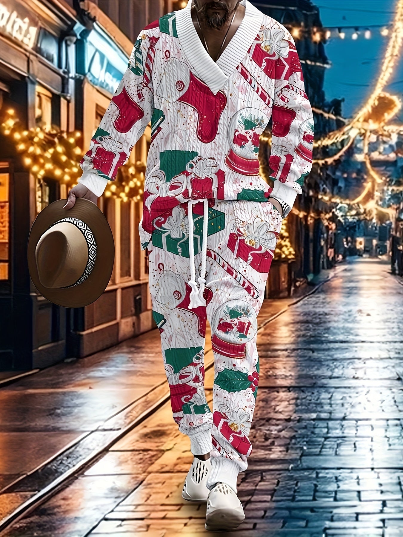 Men's Festive V-Neck Sweatsuit Set – Casual Knit Outfit with Cartoon Patterns, Perfect for Fall & Christmas