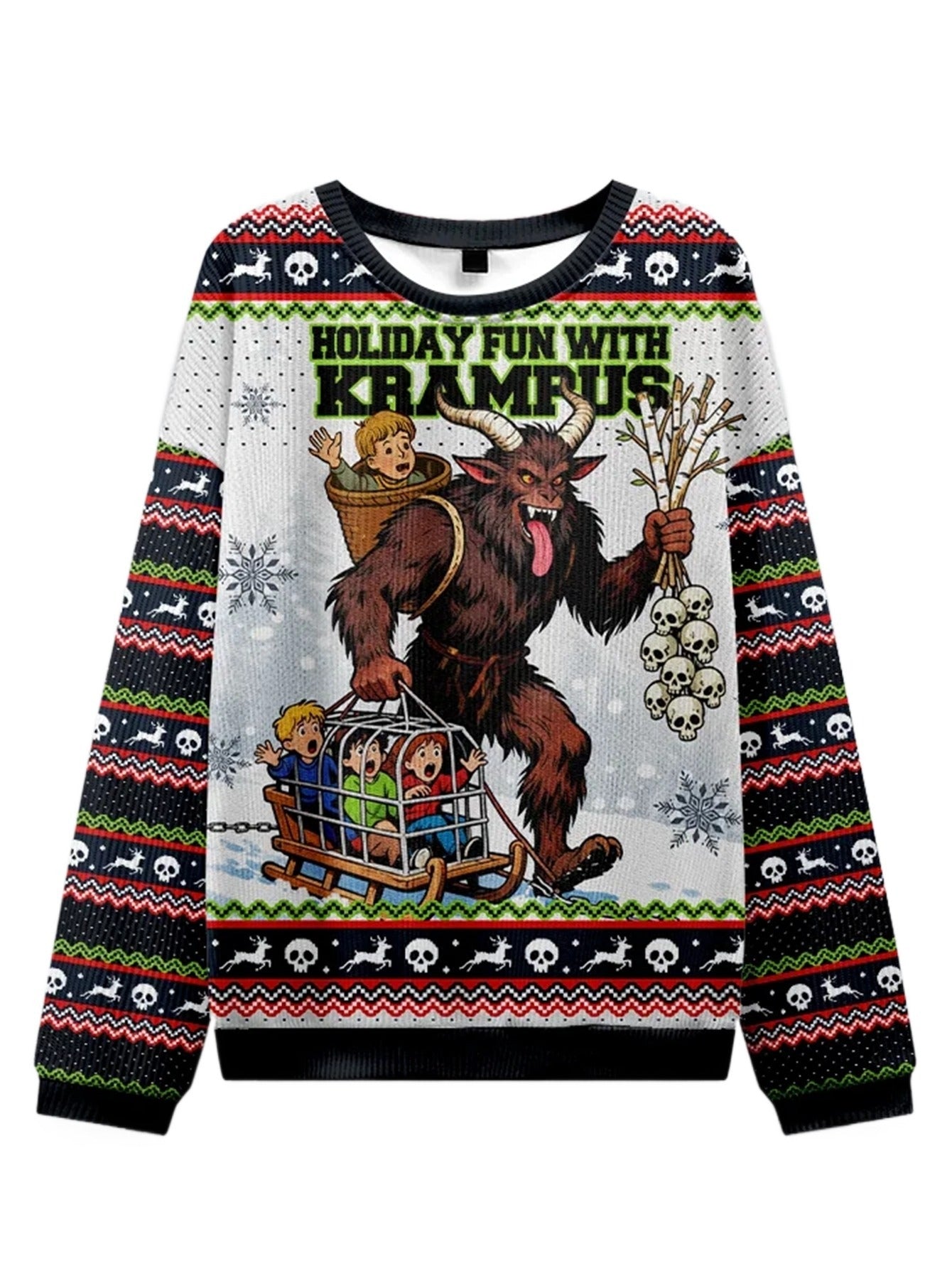 Men'S Christmas Krampus Themed Sweater - Soft Warm Winter Knit Pullover with Krampus & Snowflake Print, Loose Fit Casual Round Neck Sweater for Holiday Parties & Casual Attire, Black White Red Green Color Block (Krampus Design