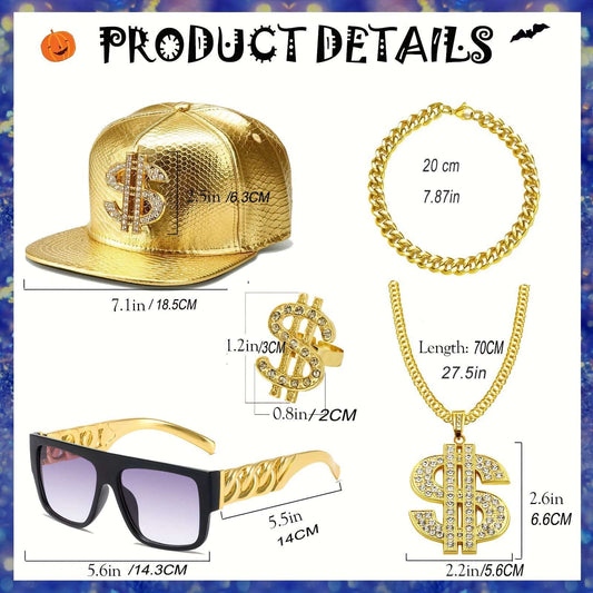 5Pcs Hip Hop Costume Kit 80s 90s Rapper Accessories Set Gold Rapper Hat Baseball Cap Punk Sunglasses Gold Dollar Sign Pendant Necklace Ring Bracelet For Men Women Carnivals, Throwback Party Outfit Halloween Jewelry Fun Accessories