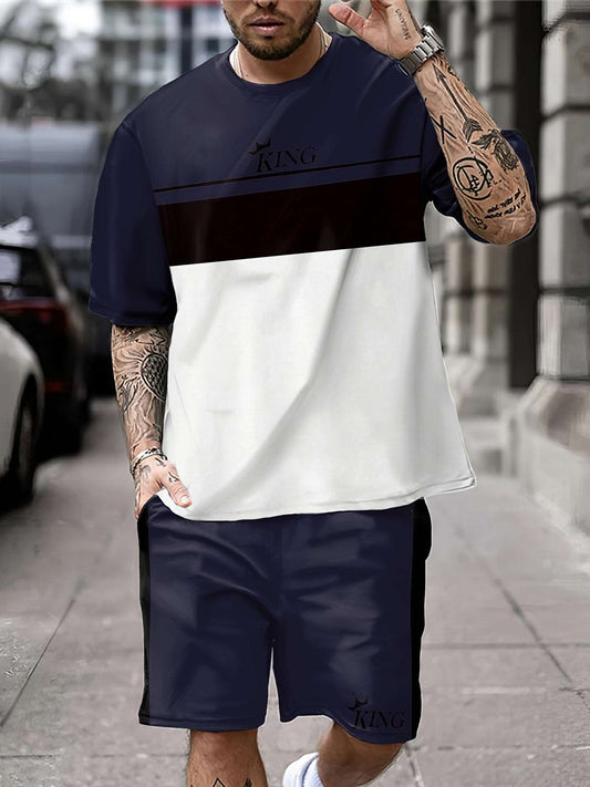 Men's Color-Blocked Summer Outfit Set - 2-Piece, Short Sleeve Crew Neck T-Shirt and Elastic Waist Shorts with Pockets for a Stylish and Comfortable Look