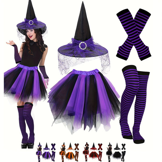 4pcs Gothic Witch Costume Set – Elegant purple and black layered design with puffy skirt, striped over-the-knee stockings, witch hat, and cozy hand sleeves