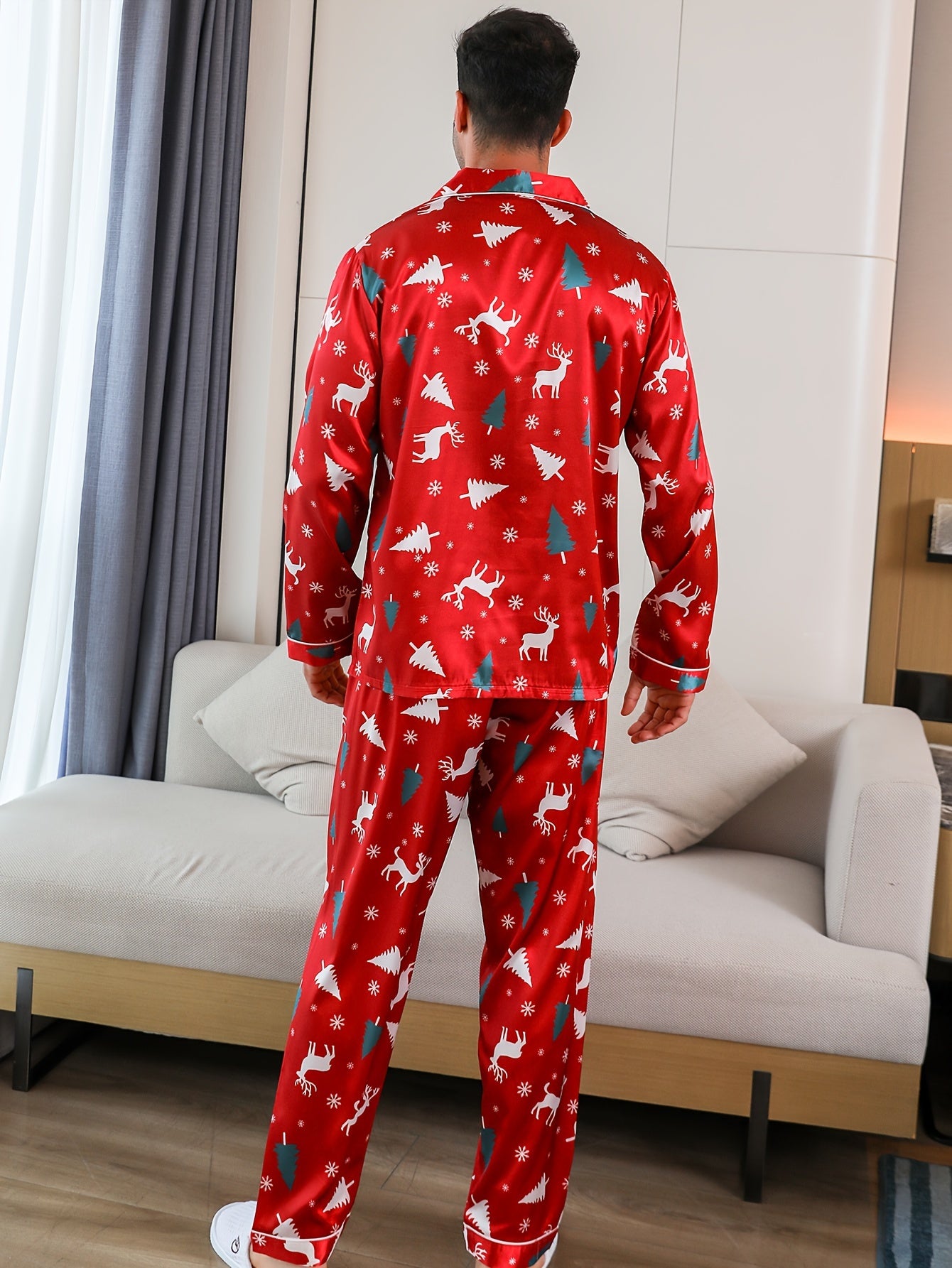 2-Piece Trendy Christmas Deer Print Men's Pajama Set – Long Sleeve Shirt & Trouser Loungewear