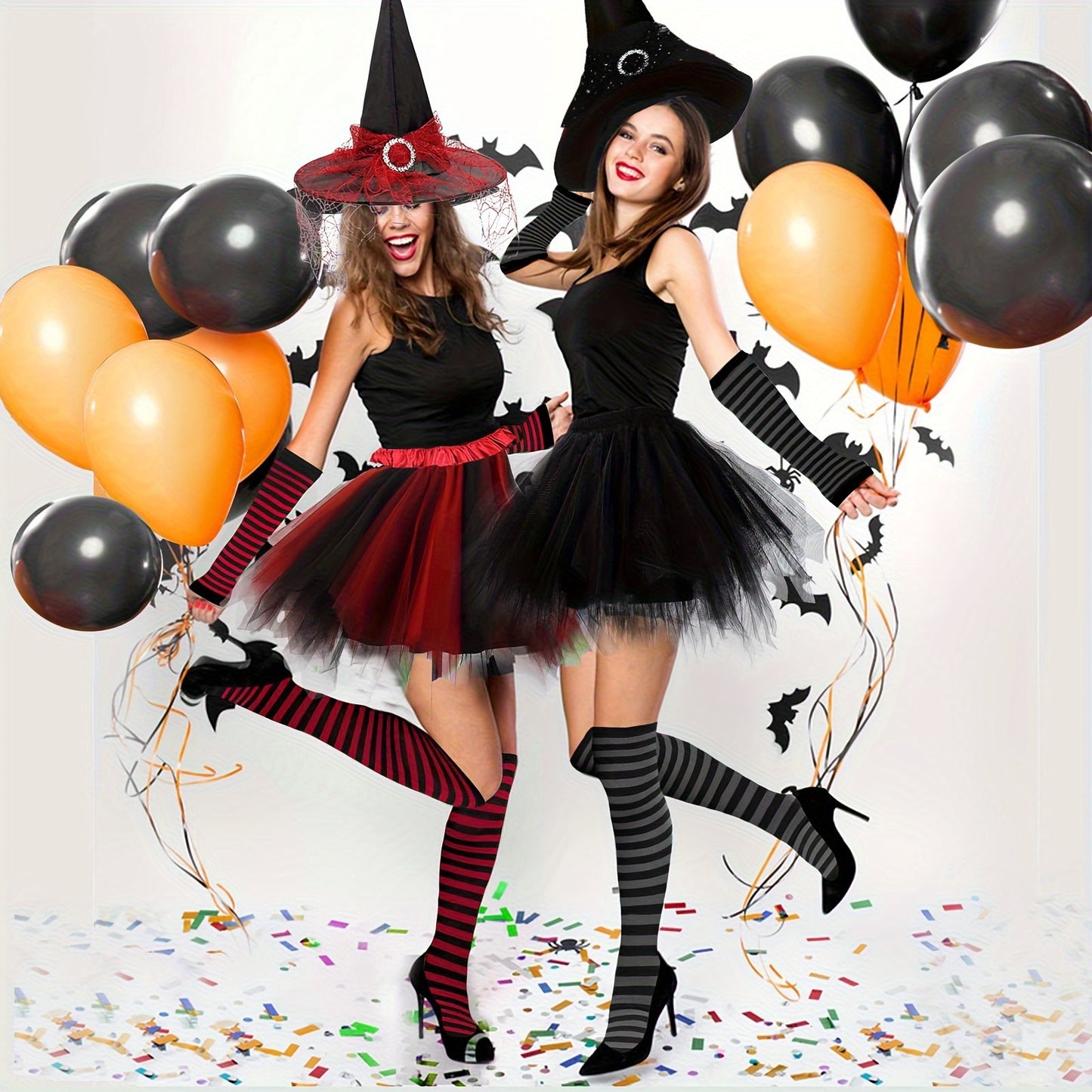 4pcs Gothic Witch Costume Set – Elegant purple and black layered design with puffy skirt, striped over-the-knee stockings, witch hat, and cozy hand sleeves