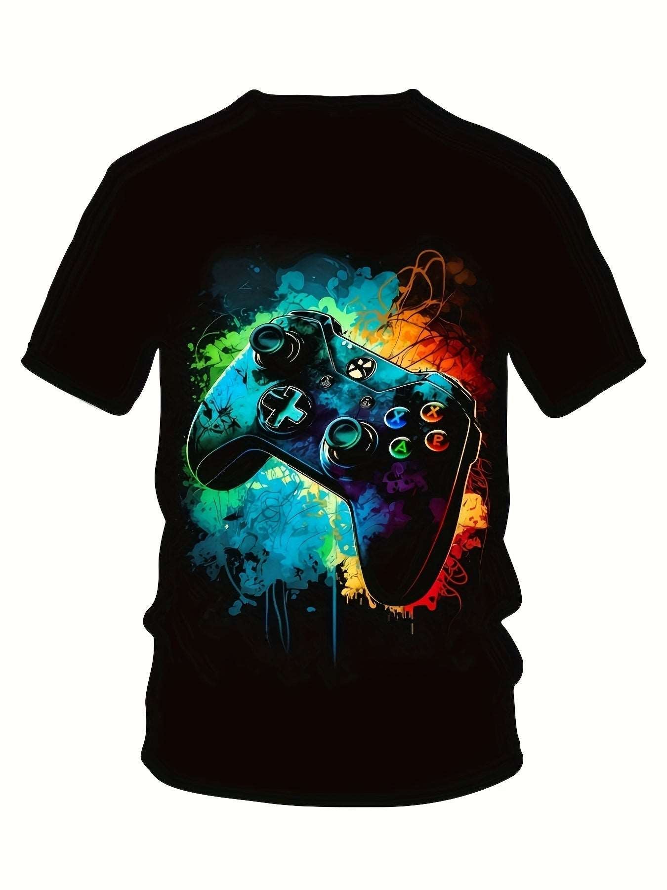 Men's Casual Summer Set: HD Game Controller Print T-Shirt & Shorts - Stretchy Polyester Blend, Machine Washable