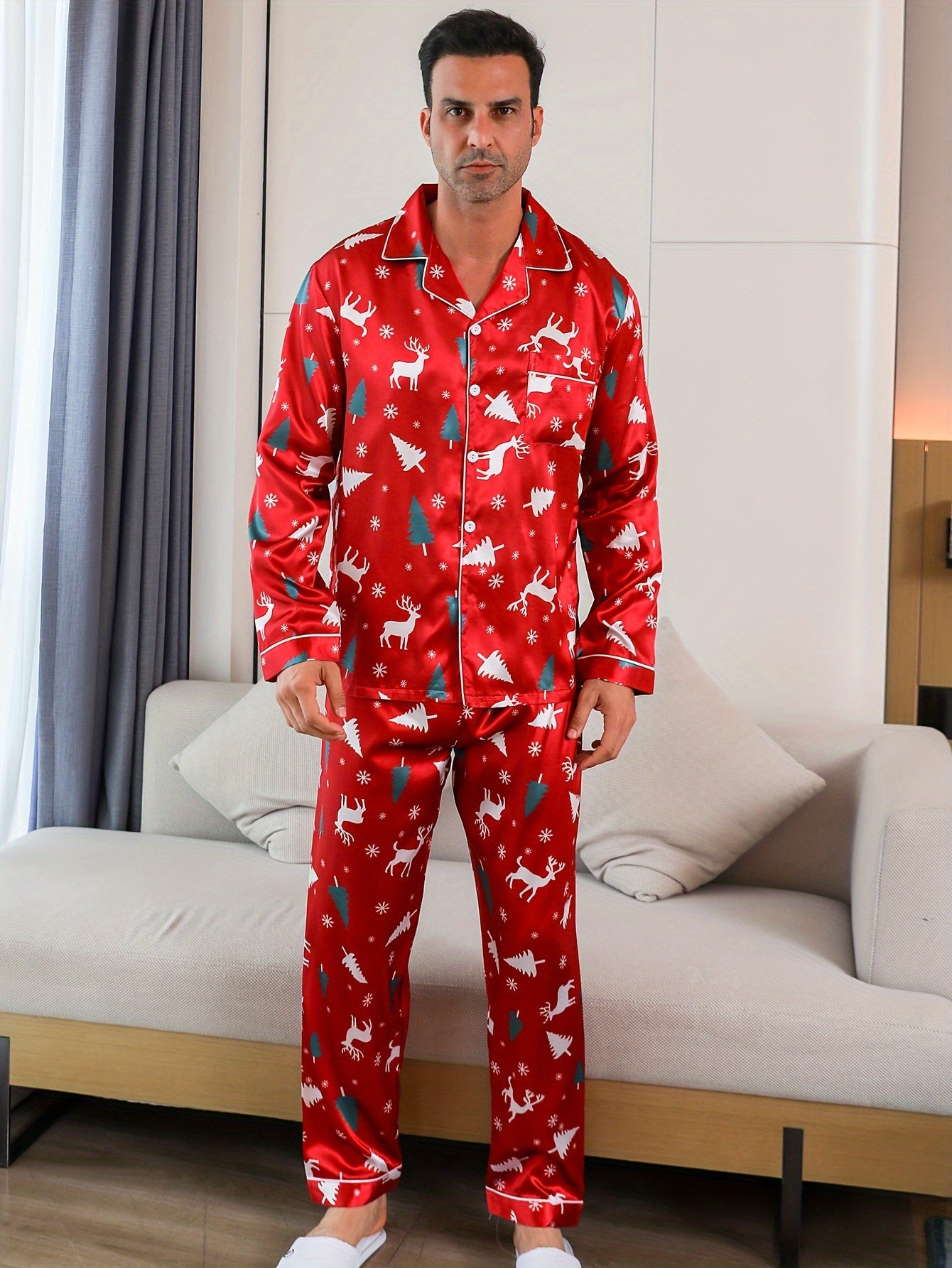 2-Piece Trendy Christmas Deer Print Men's Pajama Set – Long Sleeve Shirt & Trouser Loungewear