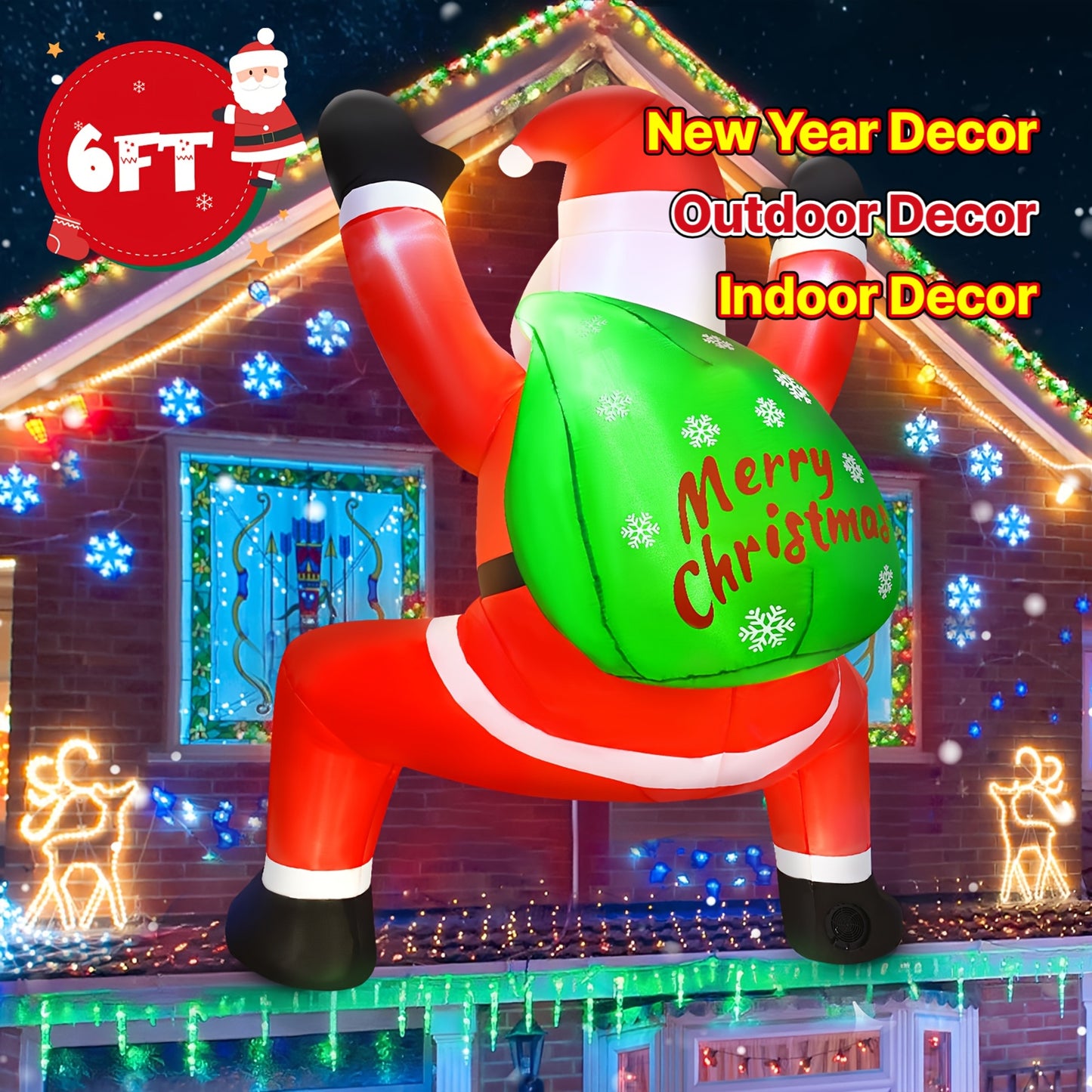 6FT Christmas Inflatable Decorations Hanging Santa Built-in Bright LEDs, Climbing Santa Claus With Gift Bag, Christmas Roof Blow Up Yard Inflatables New Year Vacation Holiday Party Decoration, Decor For Roof Outdoor Indoor Window Wall.