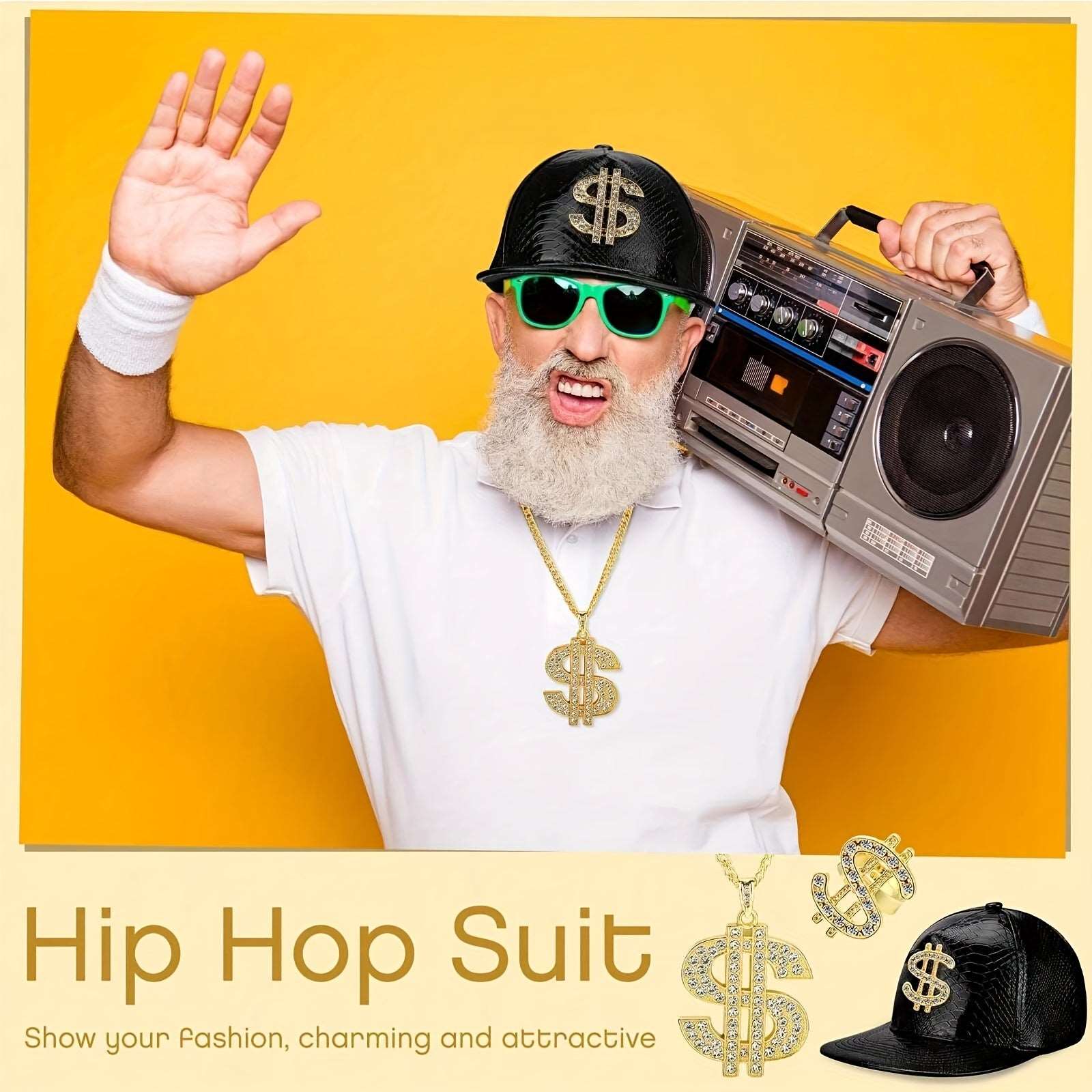 5Pcs Hip Hop Costume Kit 80s 90s Rapper Accessories Set Gold Rapper Hat Baseball Cap Punk Sunglasses Gold Dollar Sign Pendant Necklace Ring Bracelet For Men Women Carnivals, Throwback Party Outfit Halloween Jewelry Fun Accessories