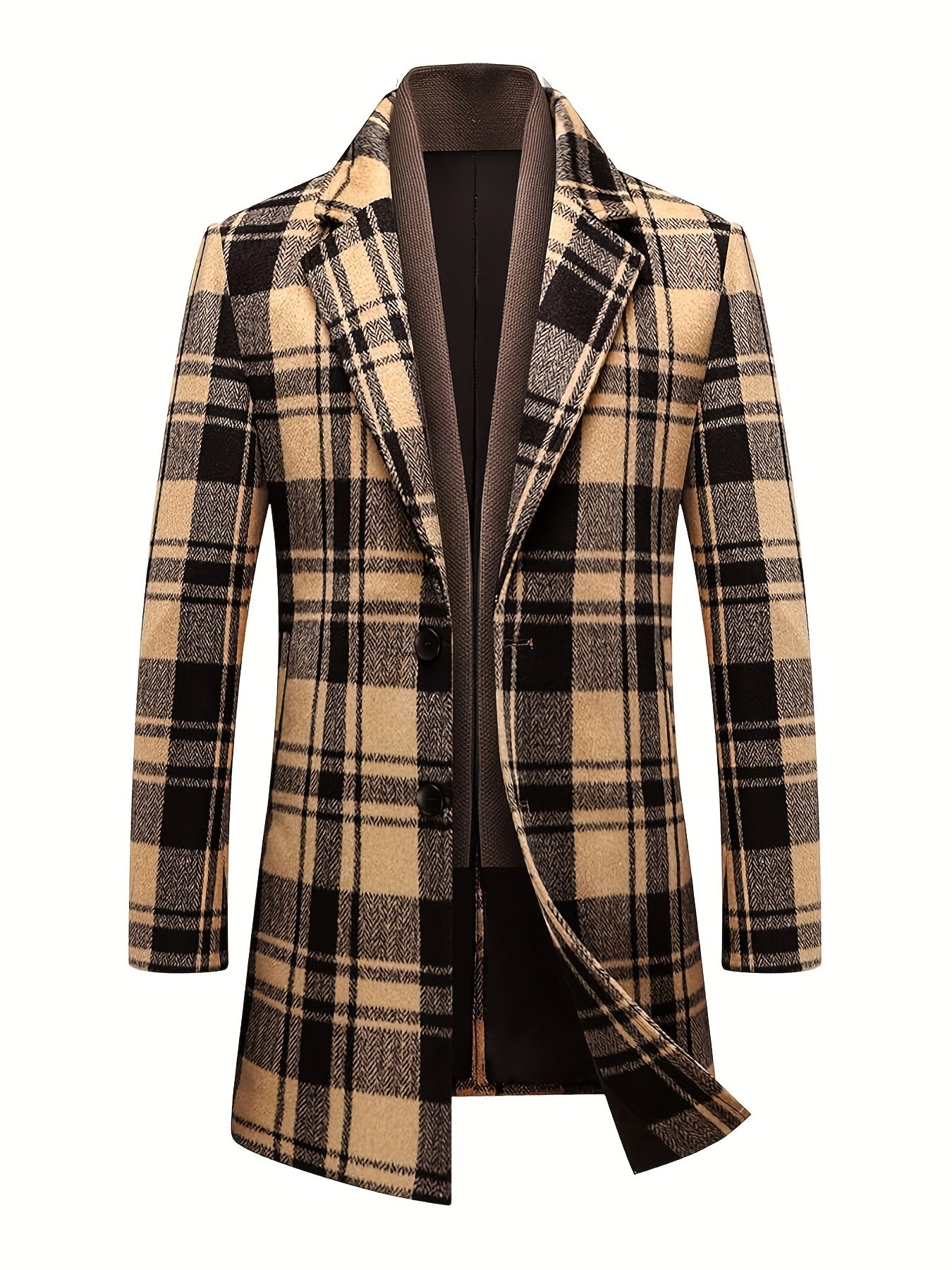 Men's Plaid Wool Blend Overcoat with Scarf – Notched Collar, Mid-Length Trench for Fall & Winter