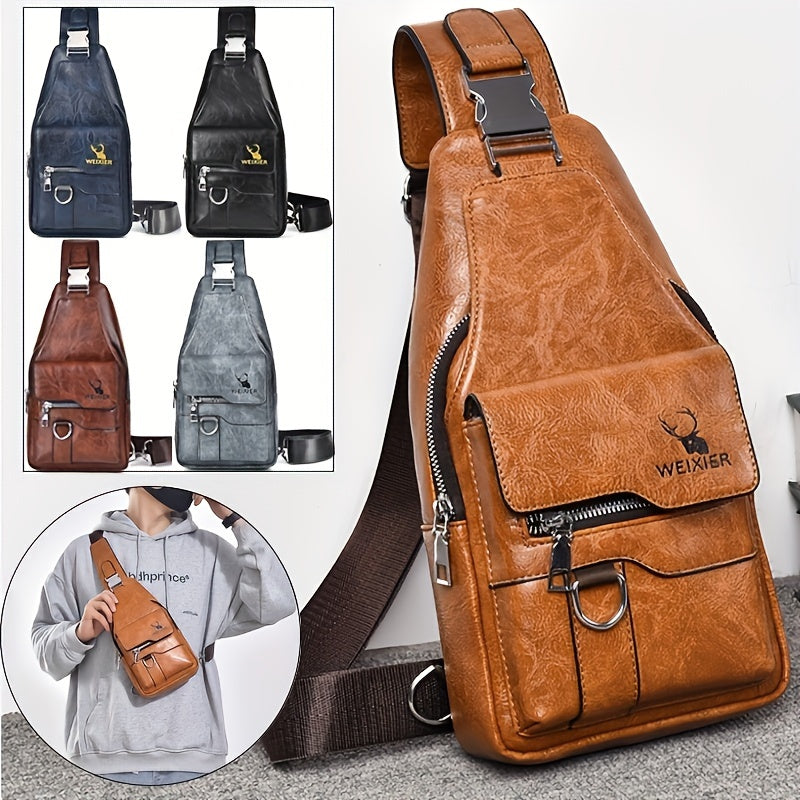 Vintage-Style PU Leather Chest Bag for Men - Spacious Crossbody Bag with Waterproof Design, Large Capacity, and Stylish Casual Look