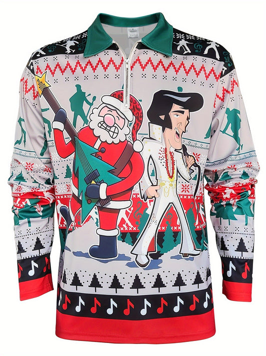 Christmas Cartoon Men's Zipper Lapel Long Sleeve Shirt – Perfect for Spring & Fall