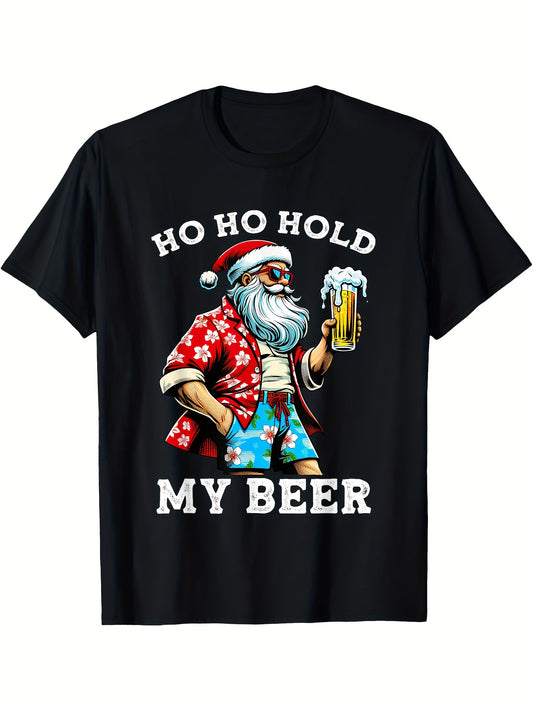 Funny Santa with Sunglasses & Beer Christmas in July T-shirt – Soft, Breathable, Casual, All-Season Black Men's Tee, 220g