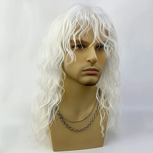 XRANB Men's White Curly Wig with Bangs - Heat-Resistant Synthetic Hair, 180% Density Natural Water Wave, Adjustable Fit for Daily Wear, Cosplay, Halloween, Christmas & Thanksgiving Costumes, Costume Accessory, Edgy Look, Highdensity Hairpiece