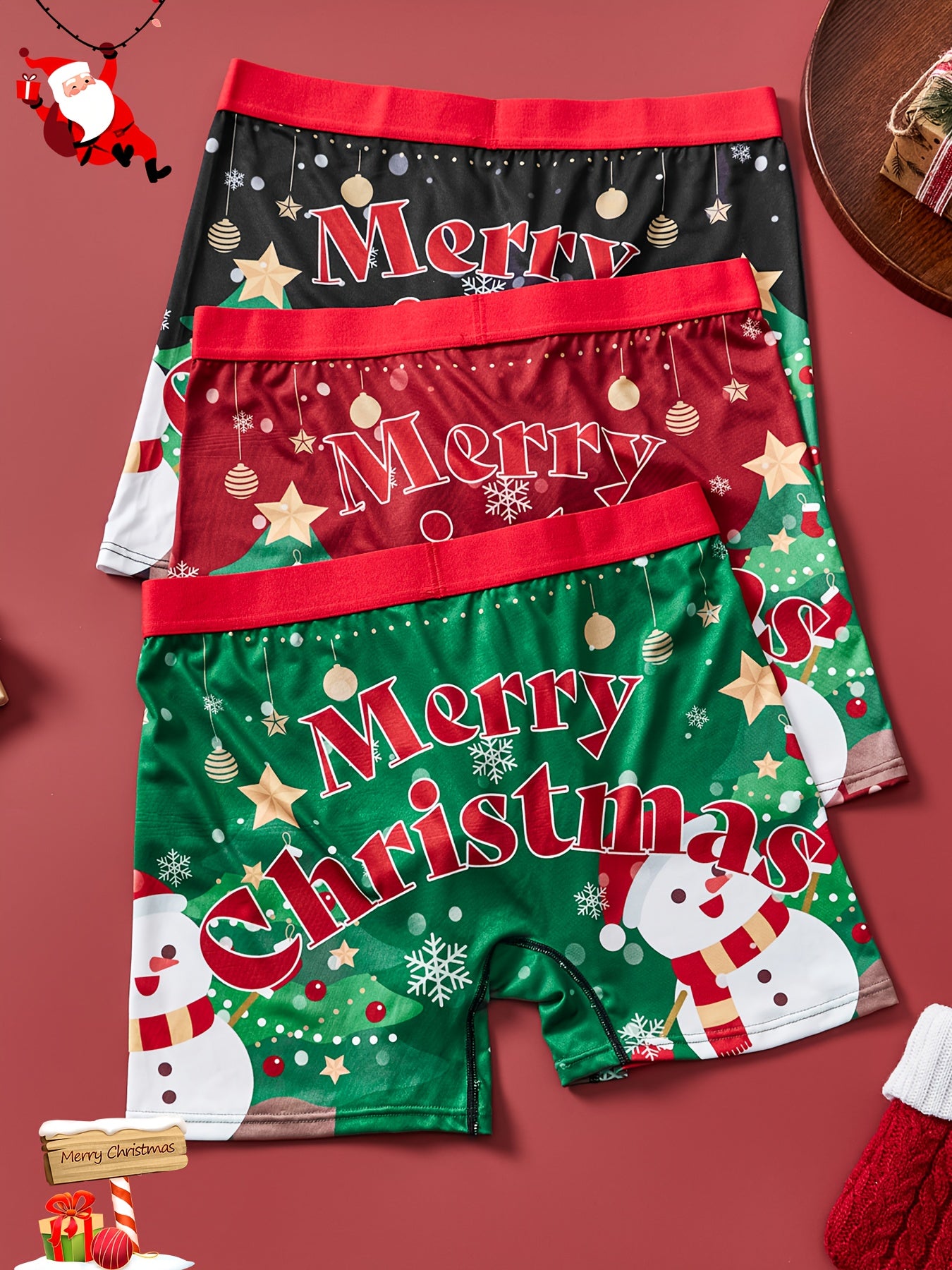 Men's 3-Pack Christmas Boxer Briefs – Festive Snowflake & Snowman Print, Stretchy Comfort Fit