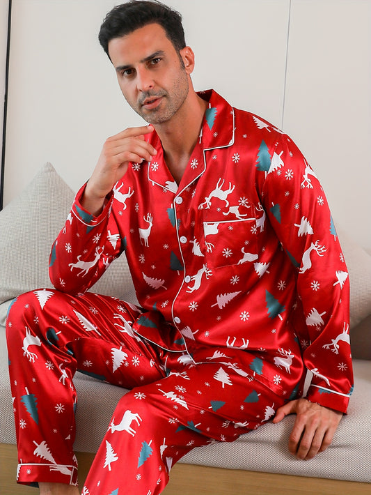 2-Piece Trendy Christmas Deer Print Men's Pajama Set – Long Sleeve Shirt & Trouser Loungewear