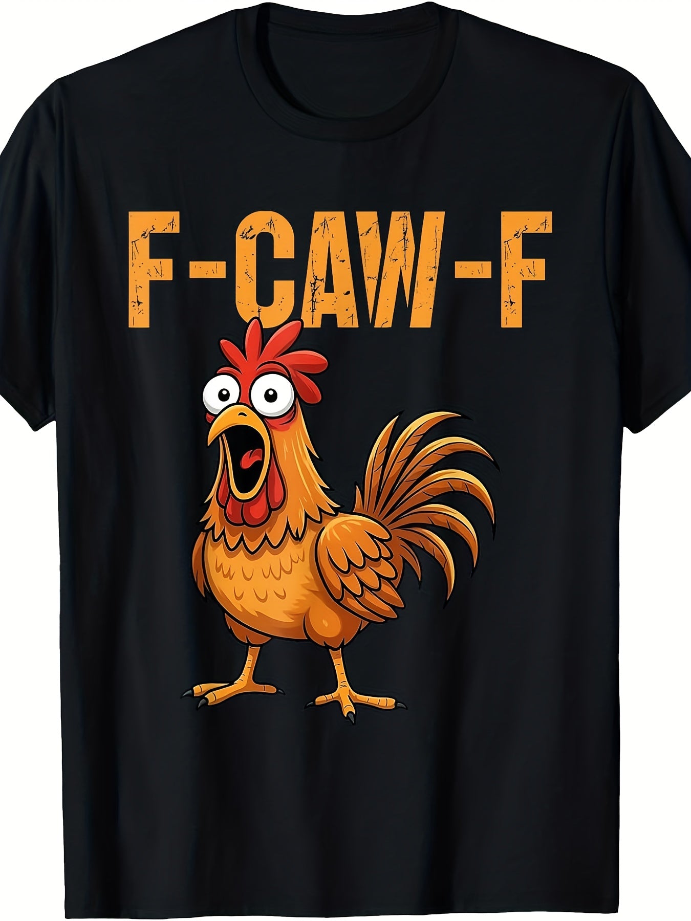 Funny Chicken Meme T-Shirt for Men & Women - F-Caw-F Rooster Pun & Egg Pun Slogan, 100% Loose Fit Short Sleeve Retro Novelty Tee with Hot Transfer Print, Black & Orange Poultry Humor Shirt for Parties, Gifts (Pure Cotton 220g)