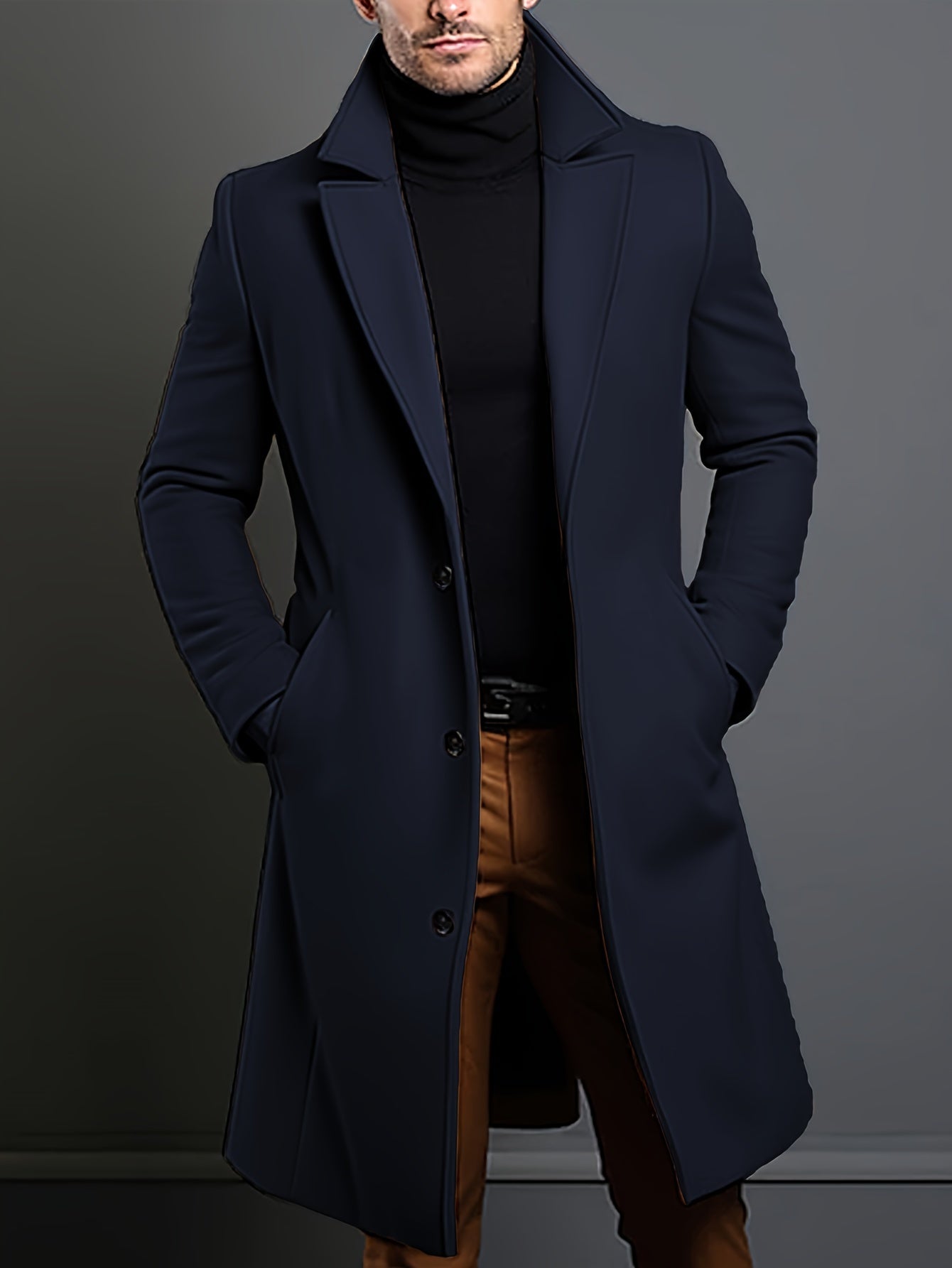 Men's Wool Blend Trench Coat – Classic Lapel Collar, Casual Business Jacket for Fall & Winter