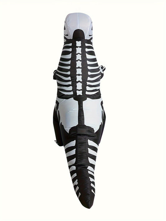 Men's Dinosaur Skeleton Inflatable Costume - Black and White Polyester, Party-Ready with Zip-Up Closure, Cartoon Design for Halloween Fun, Halloween Costume|Sparkly Finish|Polyester Fabric