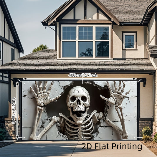1pc 2D Flat Printing Skeleton Wall Art Horror Artwork Garage Door Banner Elegant Outdoor Decoration Large Fabric Cover No Power Needed Perfect for Weddings Parties, and Photos, Event Decoration, Party Decor, Themed Party, Spooky Decor, Lightweight Banner