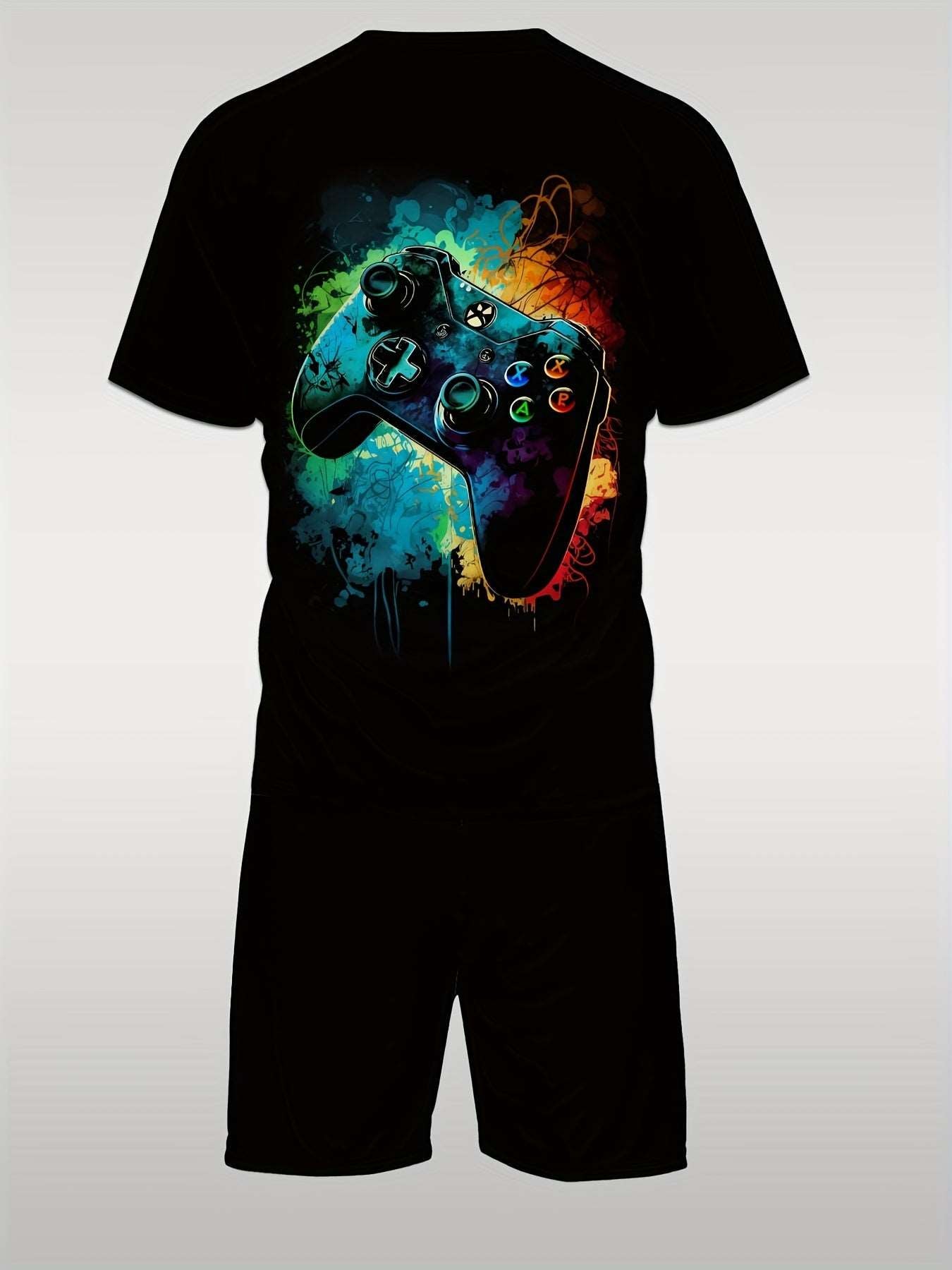 Men's Casual Summer Set: HD Game Controller Print T-Shirt & Shorts - Stretchy Polyester Blend, Machine Washable